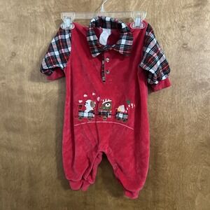 Vintage Baby Christmas‎ One Piece Romper Velour Size 3 To 6 Month Bear Train Red